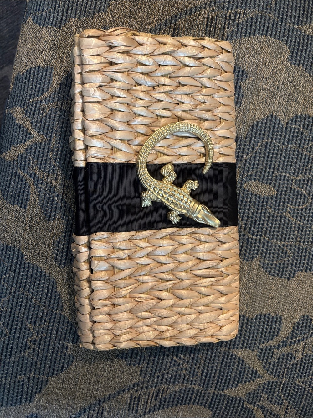 Mud Pie Gold Woven Clutch with Black Band & Gold Lizard Accent
